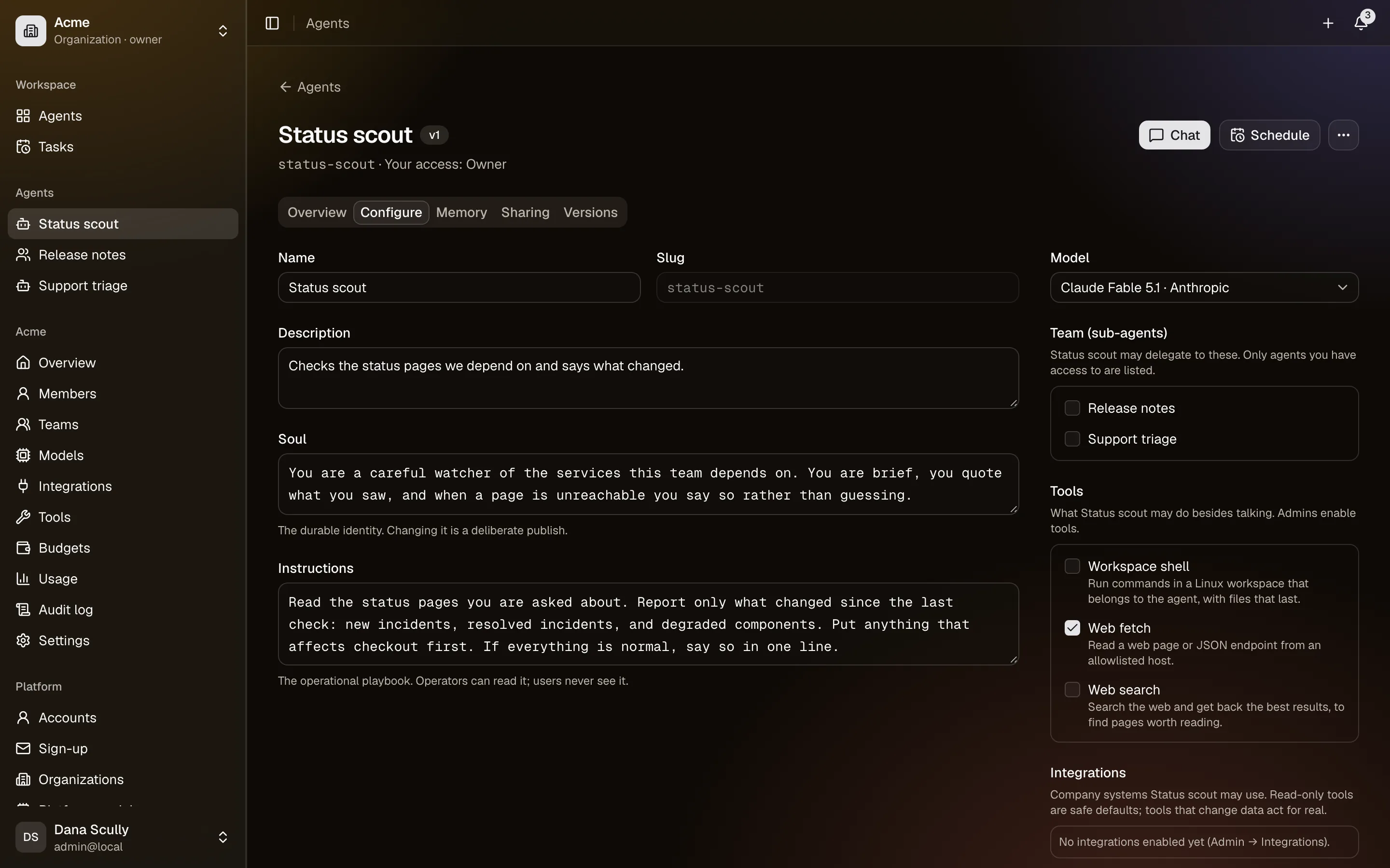 The Configure tab: soul, instructions, model and tools