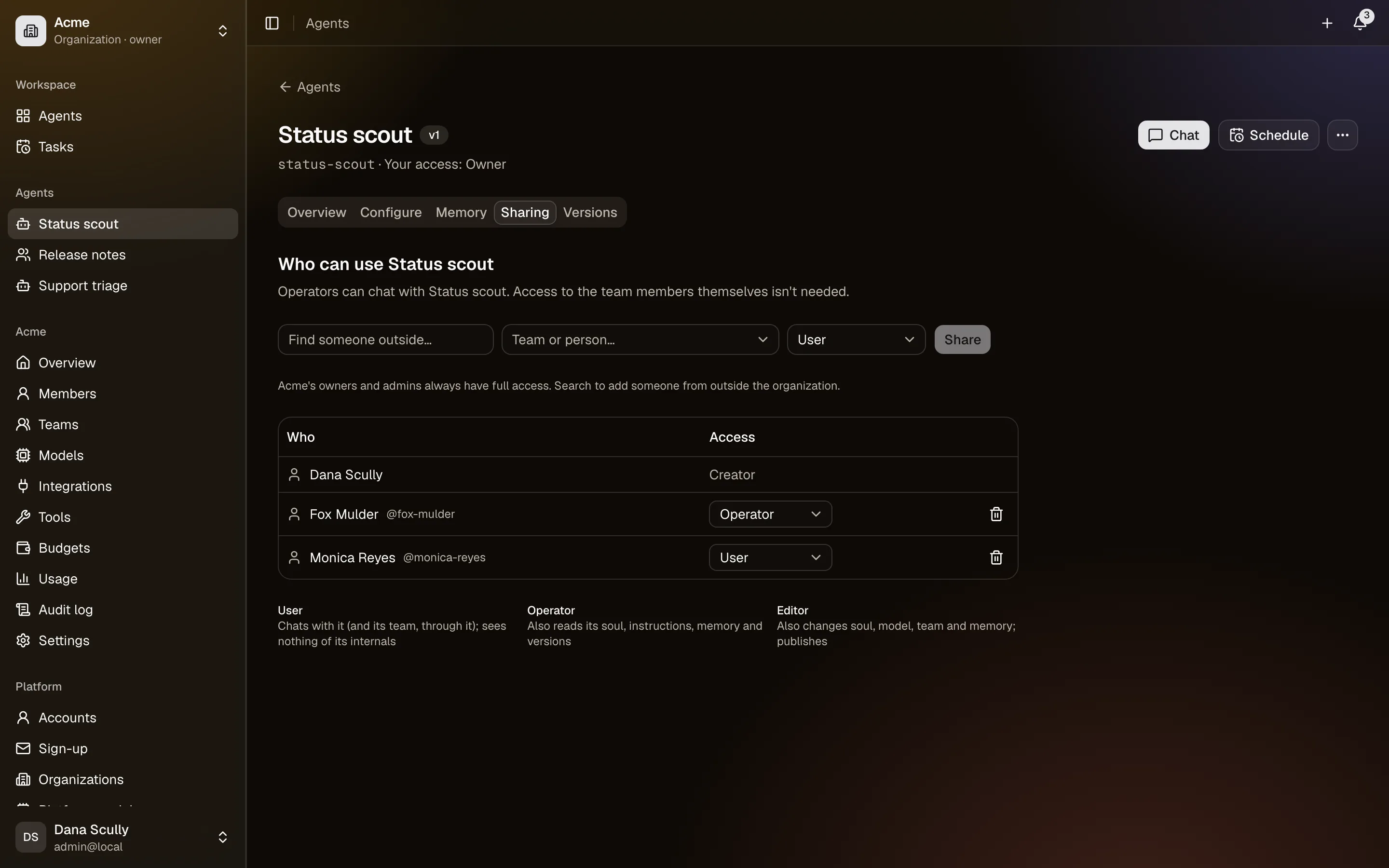 The Sharing tab, with people and teams and their access levels