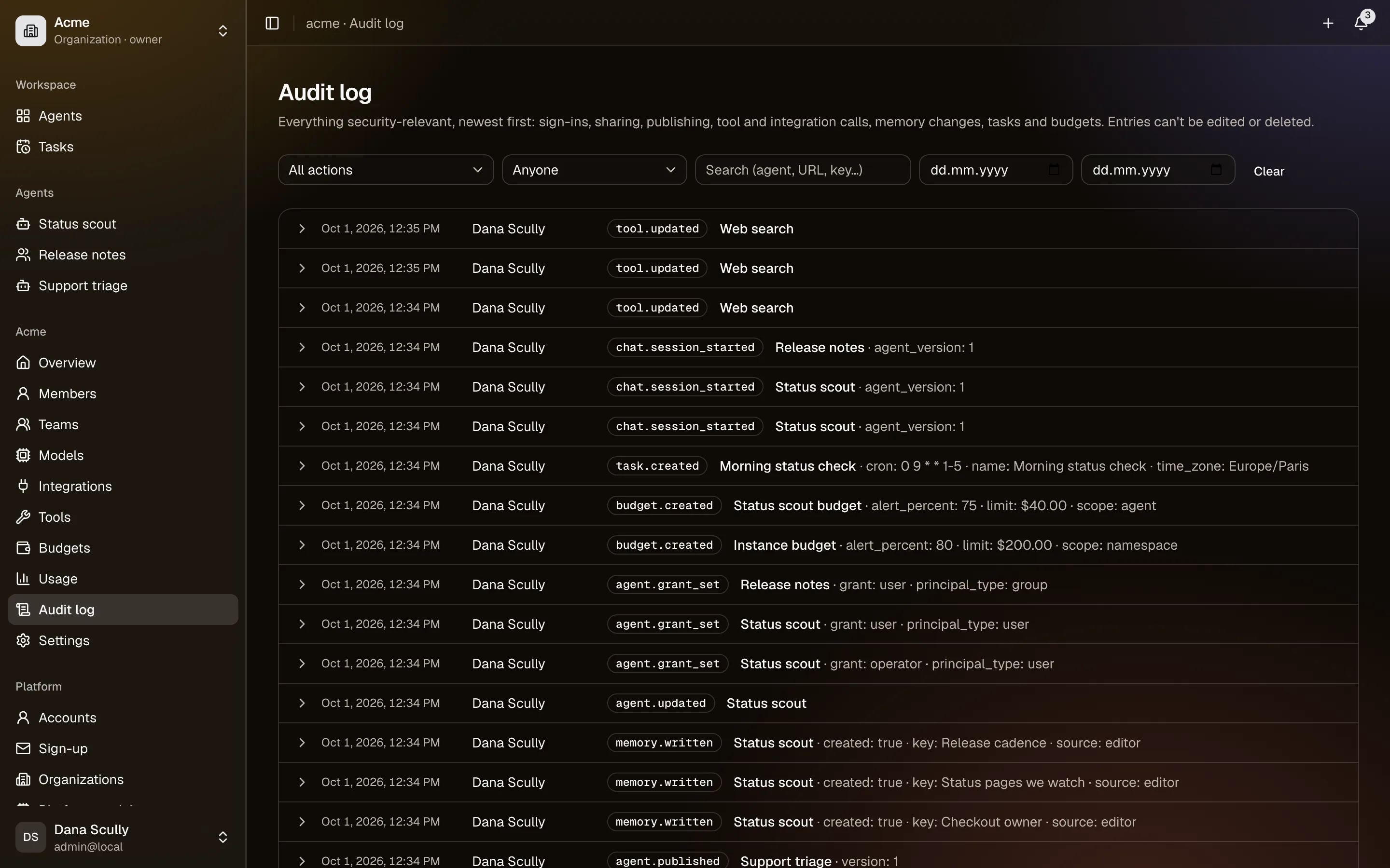 The audit log, filtered by action