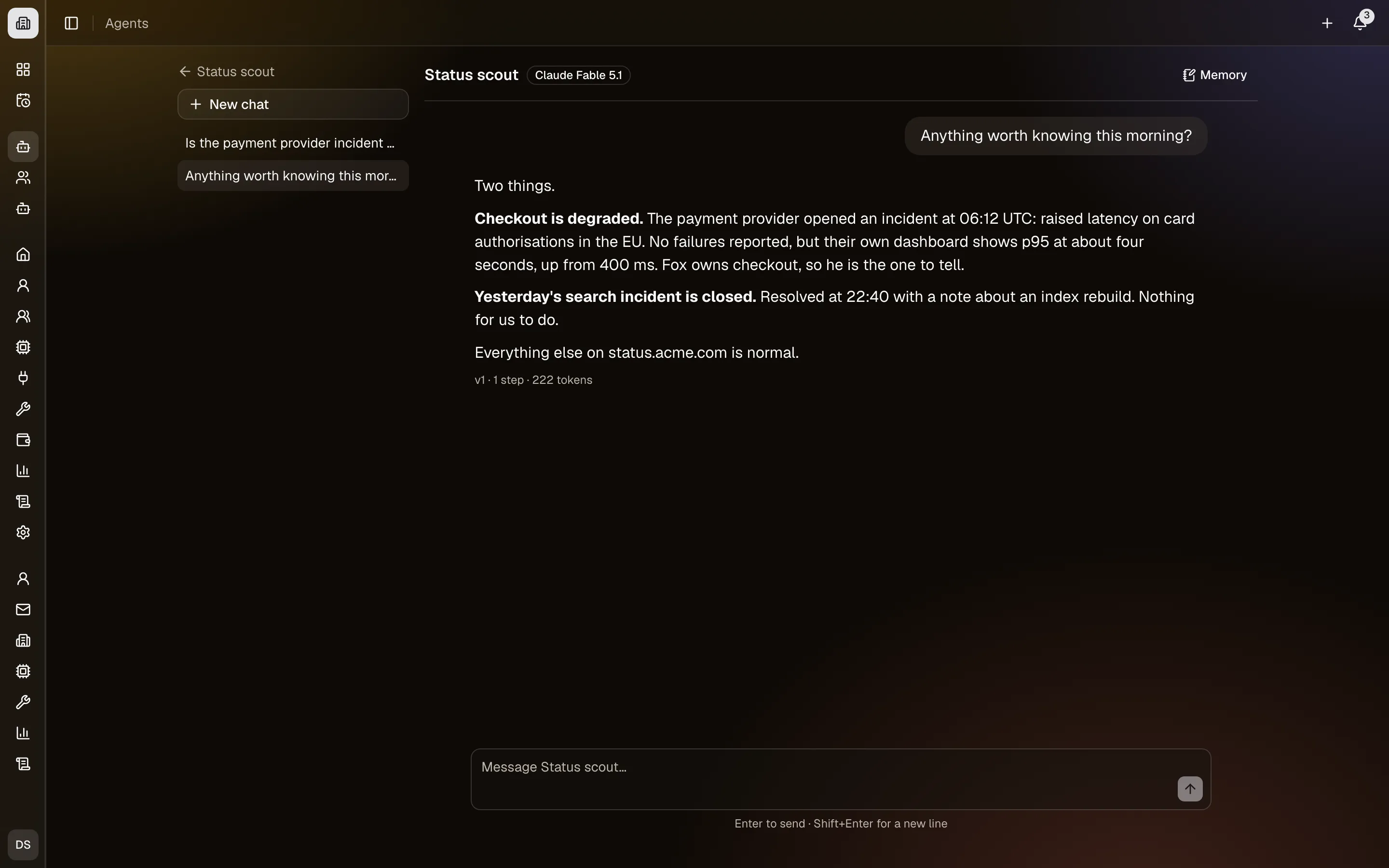 A conversation with an agent, showing the version and tokens used