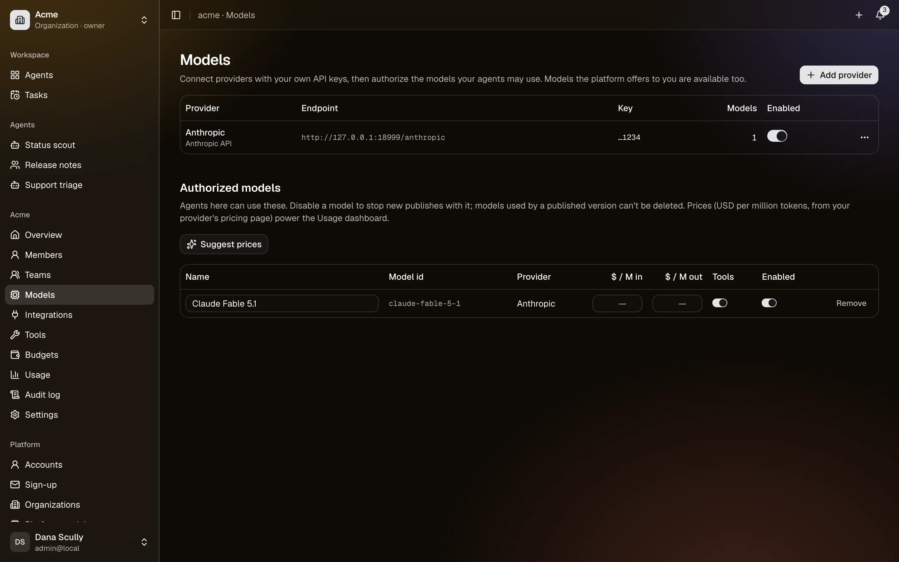 Providers and the models authorized from them, with their prices