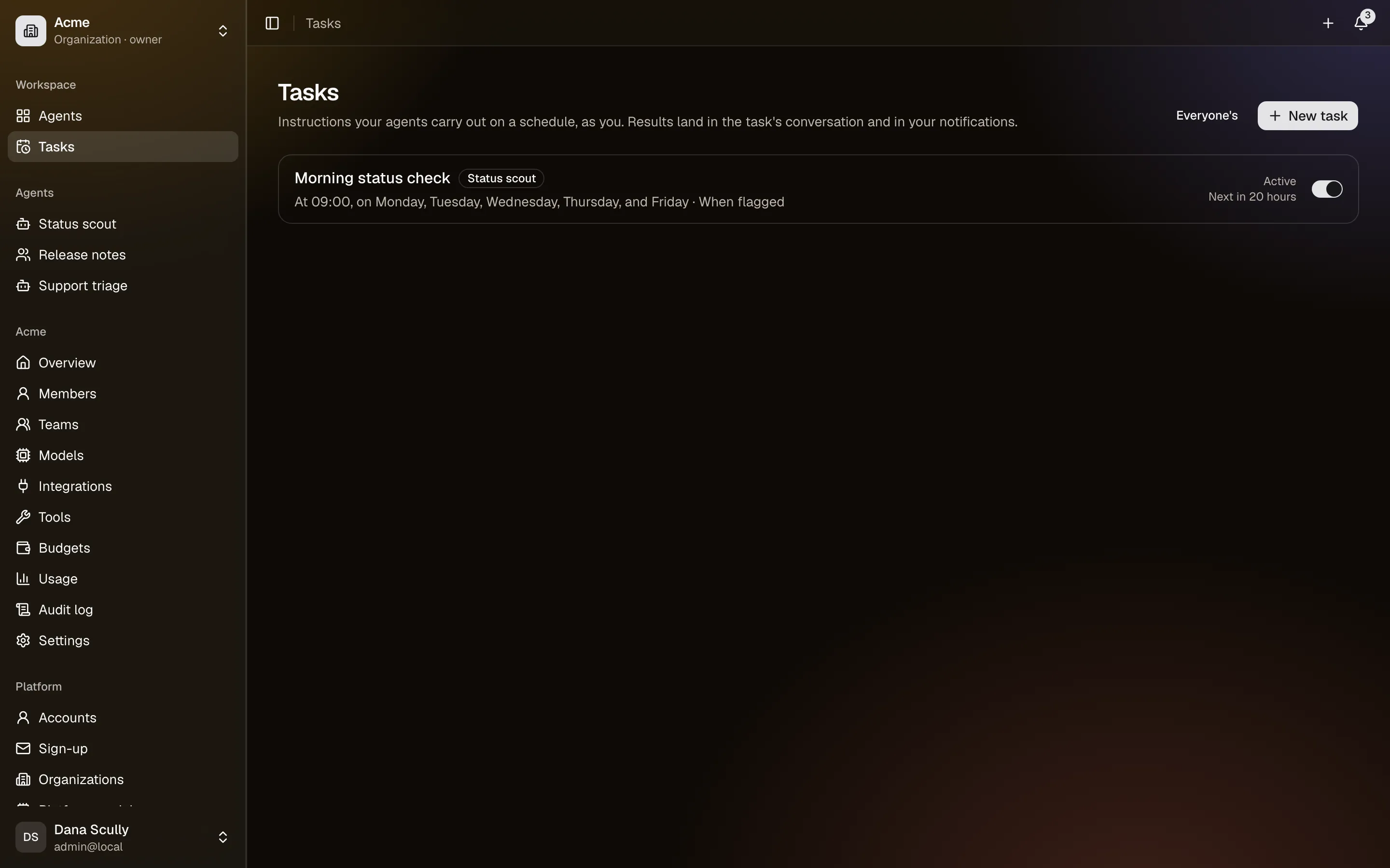 Scheduled tasks, with their next run and last result
