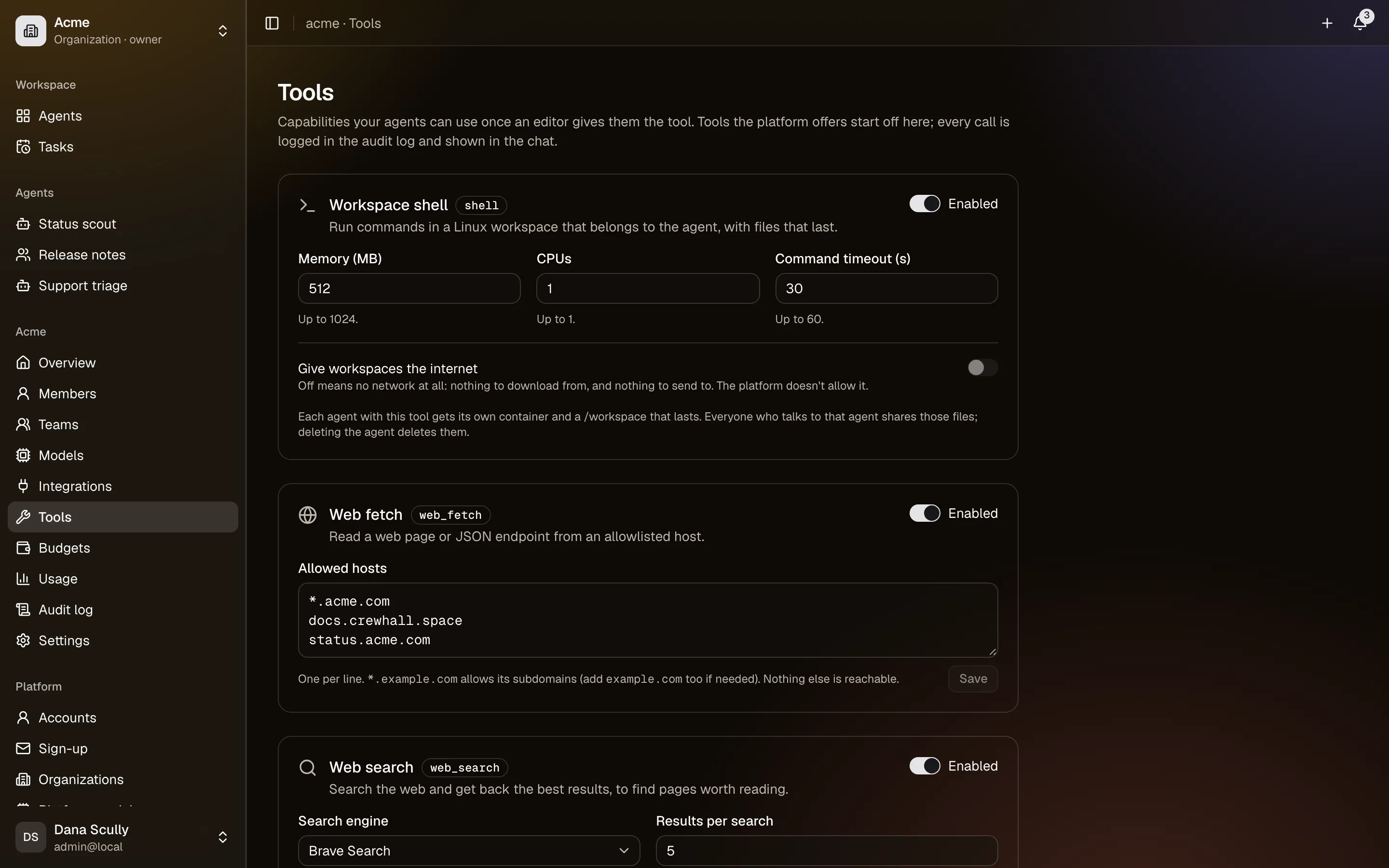 An owner's Tools page: what agents may use, and how it is bounded